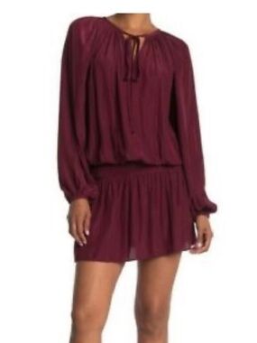 Ramy Brook Paris Long‑Sleeve Tie Neck Mini Dress in Burgundy